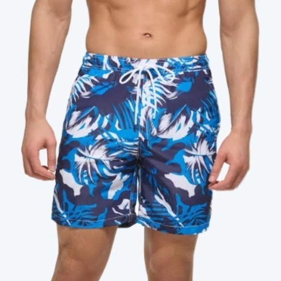 Men's New Calvin Klein Elastic Waist Tropical Print Swim Trunks Blue 7" Size L
